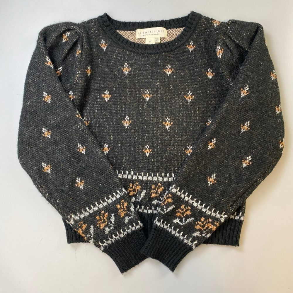 Saltwater Luxe Sweater Medium Puffed Sleeve Fair Isle Trim Soft Girl Academia
